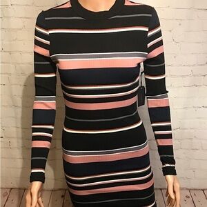 Chic Long Sleeve Striped Dress in Black and Pink